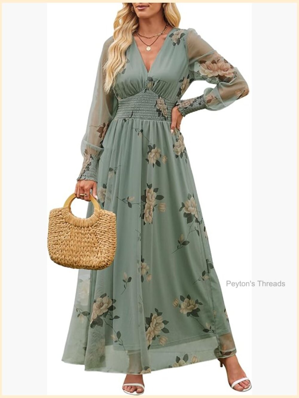 Flowy V-Neck Puff Sleeve Maxi Dress 100% Polyester
